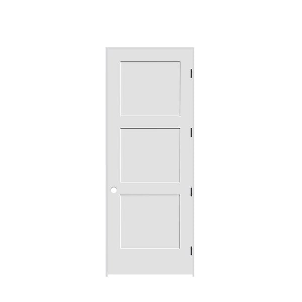 Codel Doors 36" x 96" x 1-3/8" Primed 3-Panel Equal Panel Interior Shaker 7-1/4" LH Prehung Door w/Black Hinges 3080pri8433LH1D714 - main